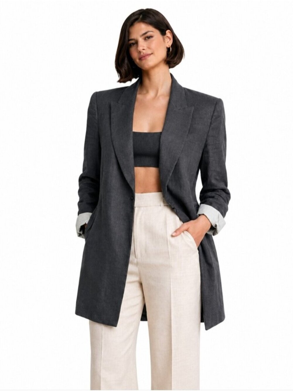 Zara Dark Gray Oversized Linen Blazer